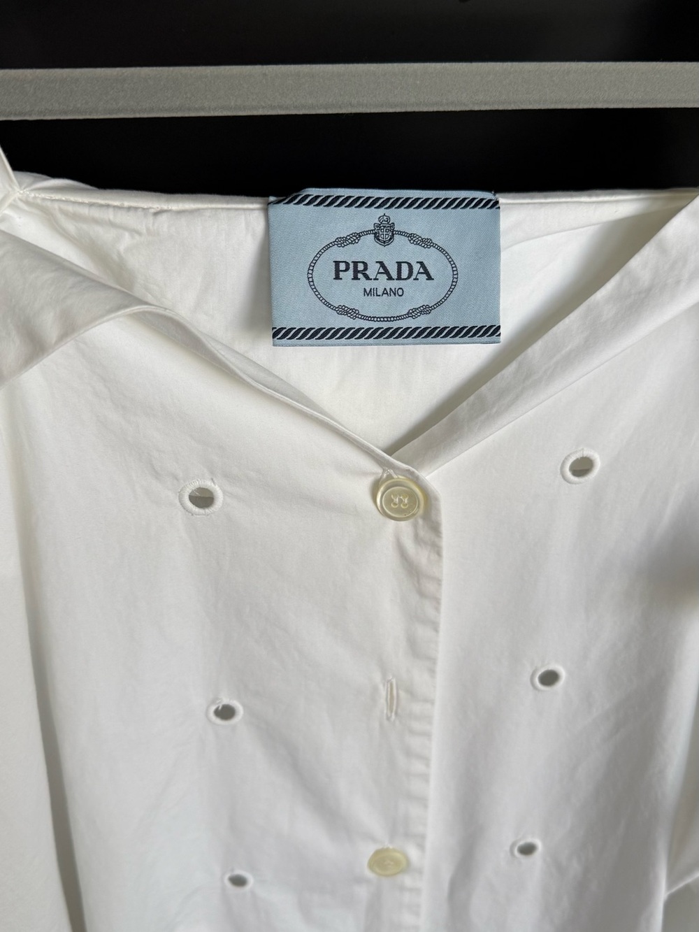 Prada White Cold-Shoulder Button-Front Dress with Waist Tie - Picture 3 of 12